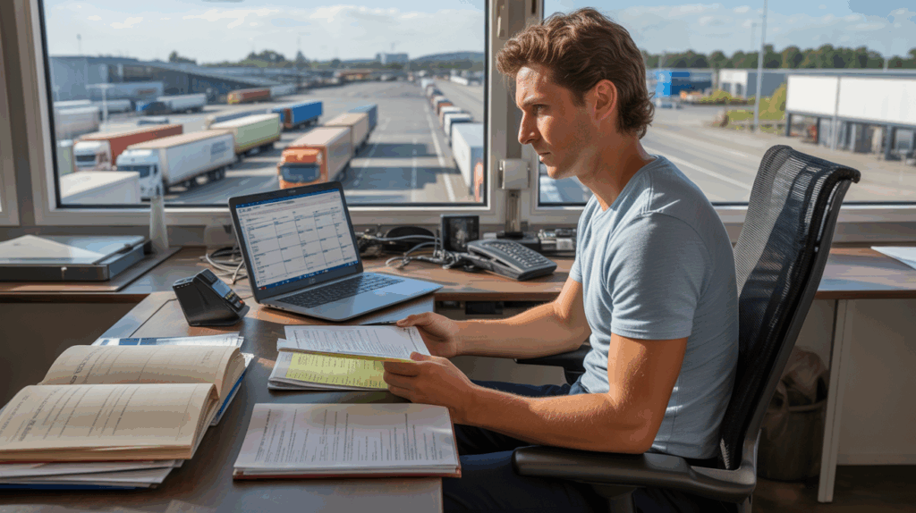 Scène réaliste d’un futur gestionnaire de transport révisant dans un bureau lumineux avec vue sur un véritable hub logistique.