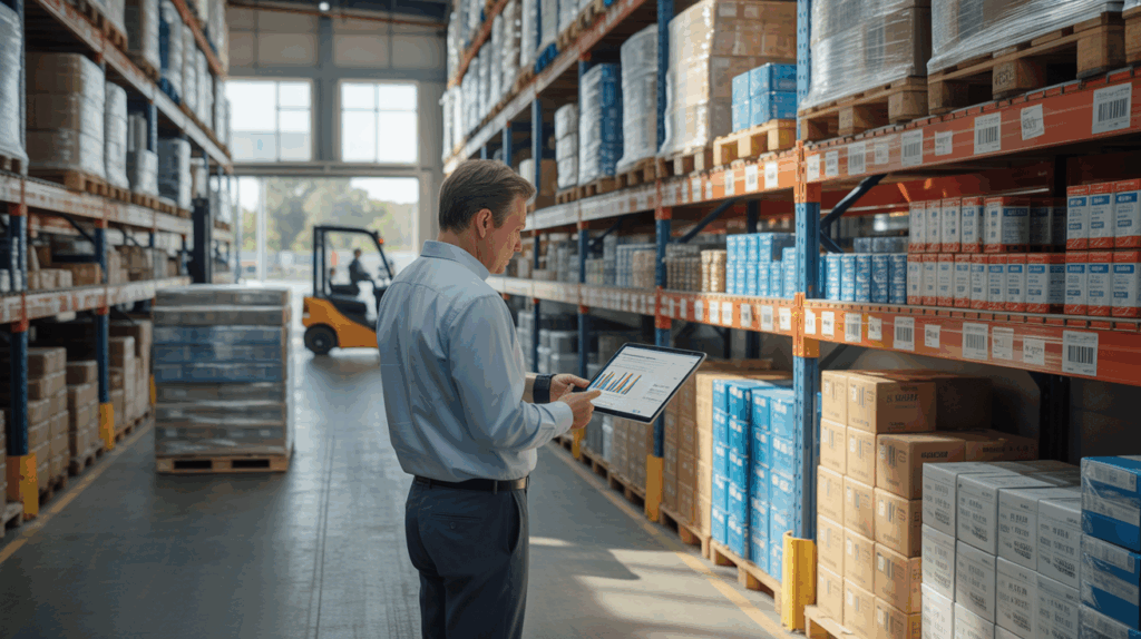 Scène réaliste dans un entrepôt avec un responsable logistique vérifiant des étagères bien organisées à l’aide d’une tablette