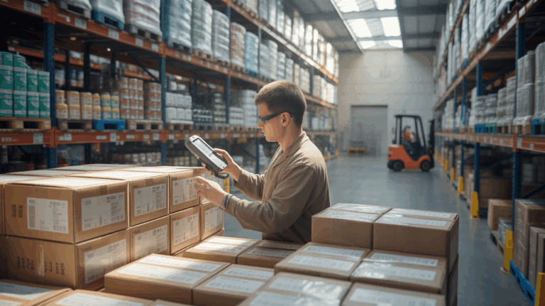 Scène réaliste d’un entrepôt où un employé effectue la rotation des stocks avec précision parmi des étagères remplies de produits.