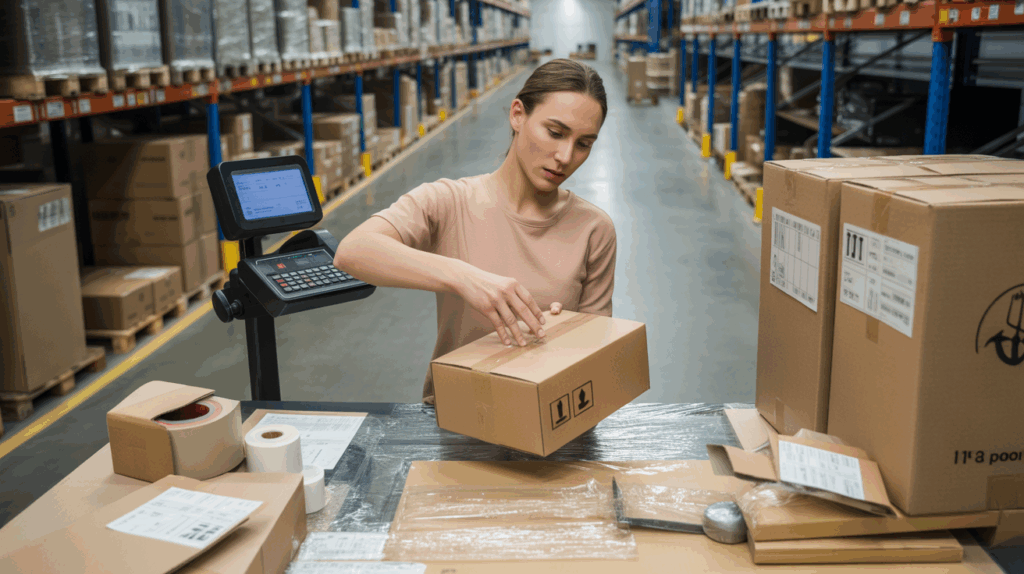 Scène réaliste d’un employé en entrepôt préparant des colis sur un poste de conditionnement logistique avec boîtes, matériel d’emballage et étagères industrielles.