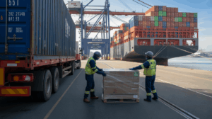 Scène réaliste d’un port logistique où un camion et un navire cargo sont chargés pendant que des employés vérifient et sécurisent les marchandises.
