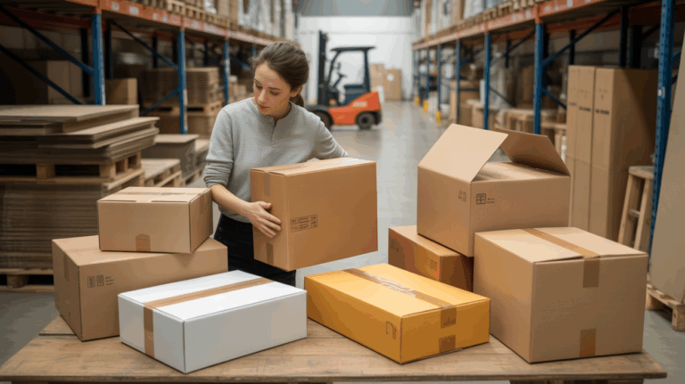 Scène réaliste dans un entrepôt professionnel où un employé examine différents types de cartons d’emballage avec un décor industriel authentique.