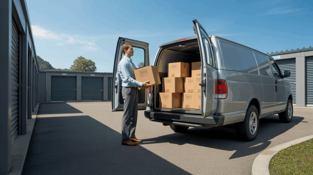 Scène réaliste d’un client professionnel utilisant un centre de self‑stockage moderne avec des boîtes et une camionnette.
