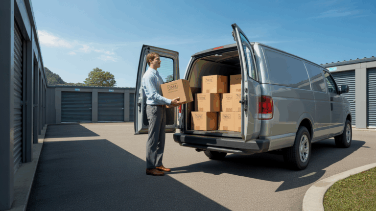 Scène réaliste d’un client professionnel utilisant un centre de self‑stockage moderne avec des boîtes et une camionnette.