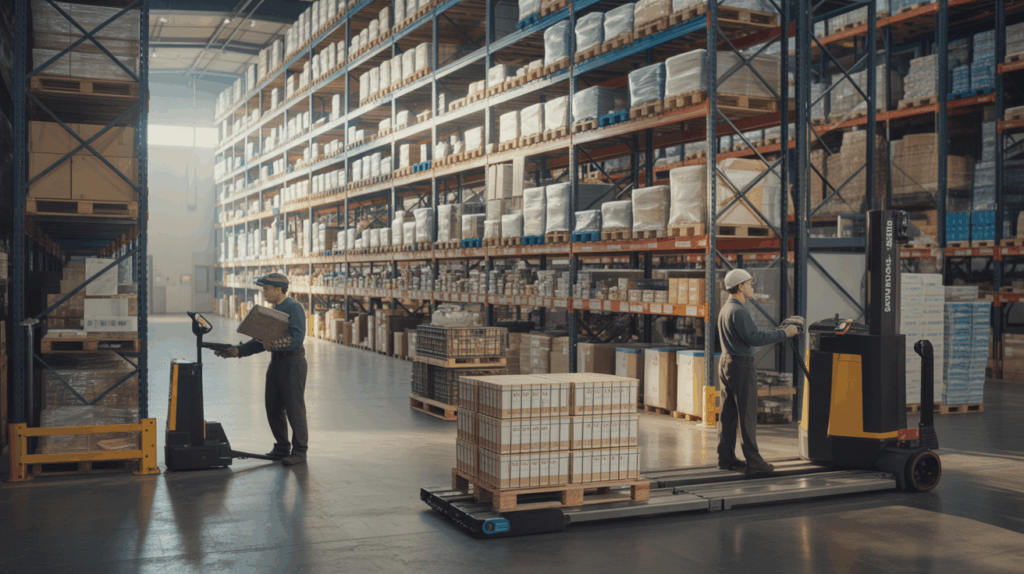 Intérieur réaliste d’un entrepôt moderne montrant différentes solutions de stockage avec employés et équipements authentiques