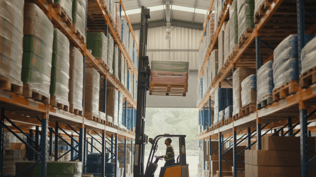Entrepôt réaliste avec des racks à palettes, des rayonnages chargés et des travailleurs utilisant un chariot élévateur dans une scène industrielle naturelle.