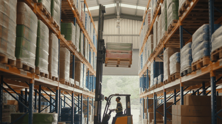Entrepôt réaliste avec des racks à palettes, des rayonnages chargés et des travailleurs utilisant un chariot élévateur dans une scène industrielle naturelle.