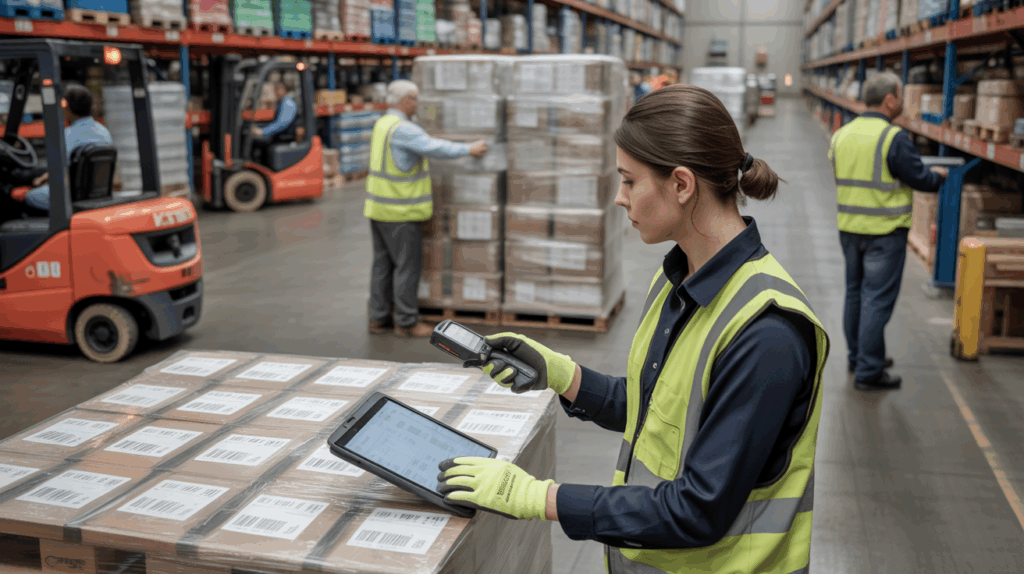 Technicien logistique travaillant dans un entrepôt animé, scannant des produits et supervisant l’inventaire dans une scène réaliste et détaillée.