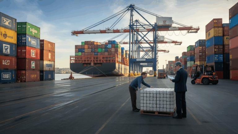 Scène réaliste d’un terminal de fret international au lever du soleil avec un navire porte-conteneurs, des grues, des conteneurs empilés et un agent des douanes inspectant des marchandises.