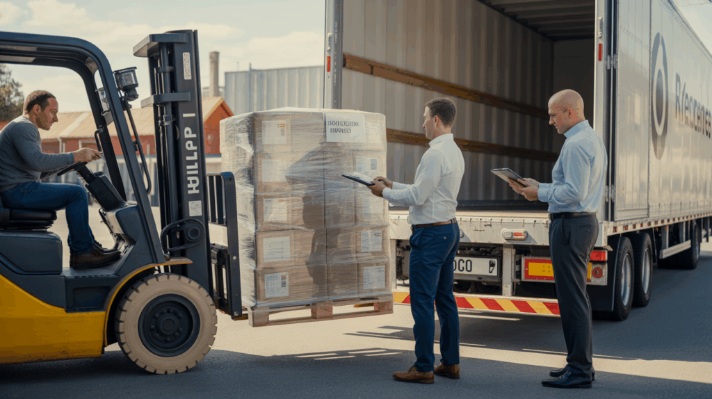 Scène réaliste dans un hub logistique où un vendeur remet des marchandises prêtes à l’export au transporteur désigné par l’acheteur, illustrant l’Incoterm FCA.