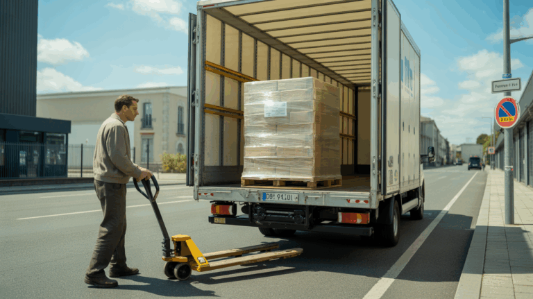 Scène réaliste d'un employé chargeant une palette dans un camion de livraison dans un entrepôt français.