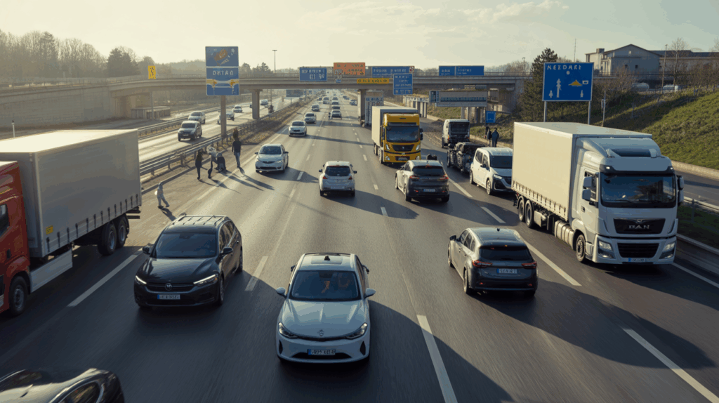 Scène réaliste d’une autoroute française animée en 2026 avec camions, voitures et un hub logistique en arrière-plan.