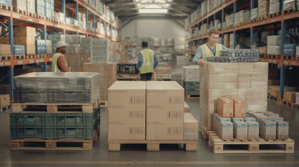 Scène réaliste dans un centre logistique montrant différents types d’unités de conditionnement, avec des employés et des équipements authentiques.
