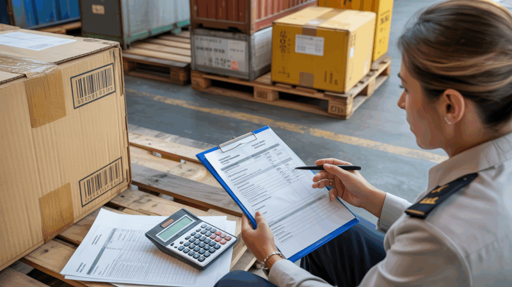 Scène réaliste dans un entrepôt de douane où un agent examine des documents et un calculateur à côté de palettes et conteneurs d’importation.