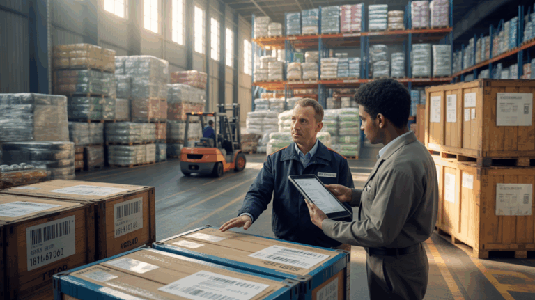 Scène réaliste dans un entrepôt de douane où des agents contrôlent des marchandises importées avec des détails authentiques.