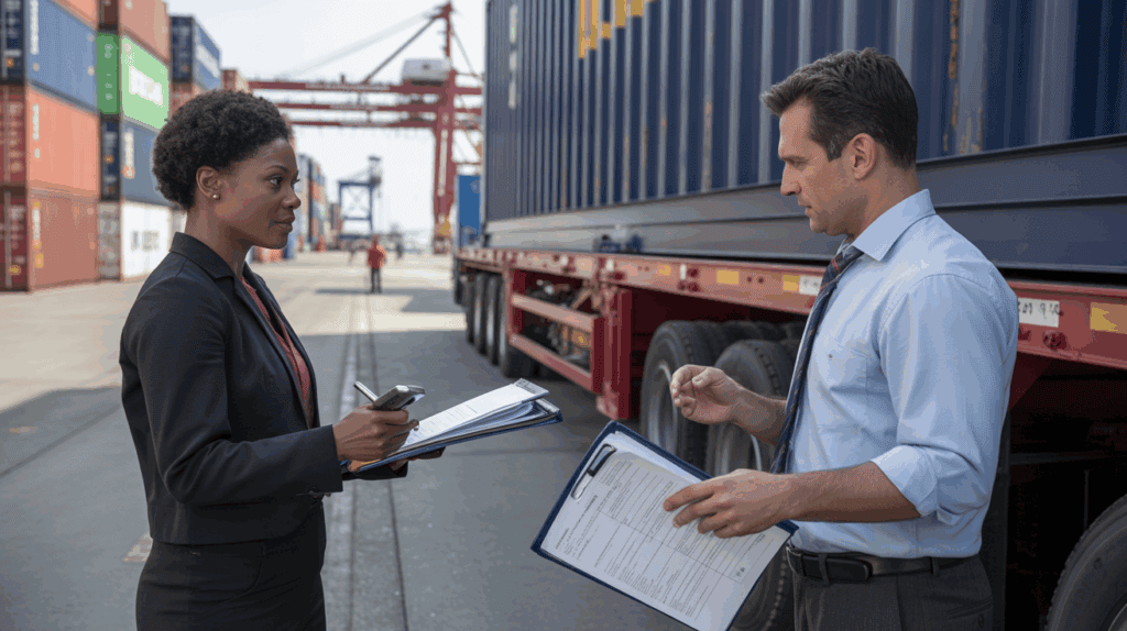 Scène réaliste d’un agent des douanes examinant des documents d’exportation dans un port commercial, avec conteneurs, camions et équipements réels.