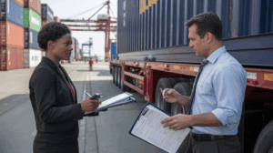 Scène réaliste d’un agent des douanes examinant des documents d’exportation dans un port commercial, avec conteneurs, camions et équipements réels.