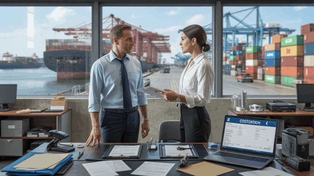 Scène réaliste dans un bureau de douane avec un agent et un importateur remplissant une déclaration d’importation, vue sur un port actif en arrière-plan.