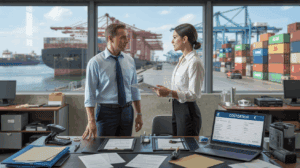 Scène réaliste dans un bureau de douane avec un agent et un importateur remplissant une déclaration d’importation, vue sur un port actif en arrière-plan.