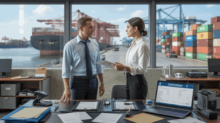 Scène réaliste dans un bureau de douane avec un agent et un importateur remplissant une déclaration d’importation, vue sur un port actif en arrière-plan.
