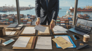 Scène réaliste dans un bureau logistique avec un spécialiste examinant des documents douaniers devant un port de commerce animé.