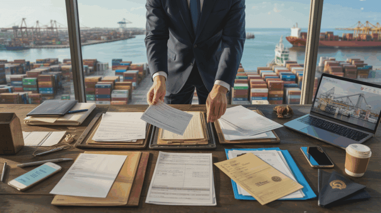 Scène réaliste dans un bureau logistique avec un spécialiste examinant des documents douaniers devant un port de commerce animé.