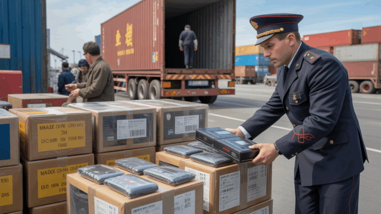 Scène réaliste dans un entrepôt douanier français où un agent inspecte des marchandises provenant de Chine.