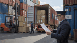 Scène réaliste d’un conteneur américain inspecté par la douane française dans un entrepôt moderne.