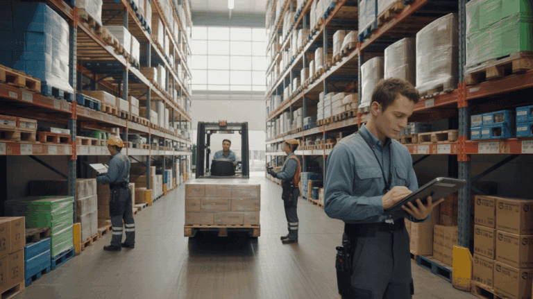 Scène réaliste d’un entrepôt moderne en 2026 avec des employés, des étagères industrielles remplies et un chariot élévateur en action.