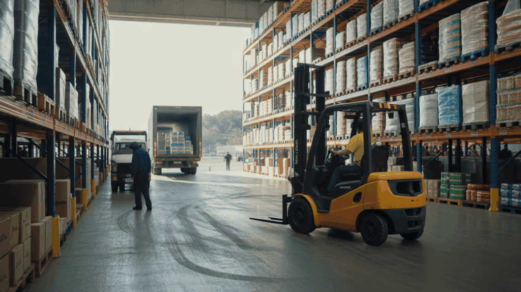 Intérieur réaliste d’un entrepôt logistique moderne avec rayonnages chargés, chariots élévateurs en action et quai de chargement animé.
