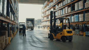 Intérieur réaliste d’un entrepôt logistique moderne avec rayonnages chargés, chariots élévateurs en action et quai de chargement animé.