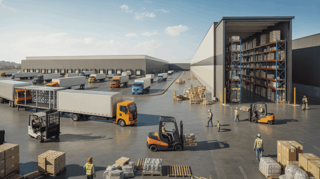 Vue réaliste d’un vaste complexe logistique avec plusieurs types d’entrepôts, des quais de chargement et des travailleurs en action.