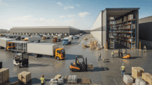 Vue réaliste d’un vaste complexe logistique avec plusieurs types d’entrepôts, des quais de chargement et des travailleurs en action.