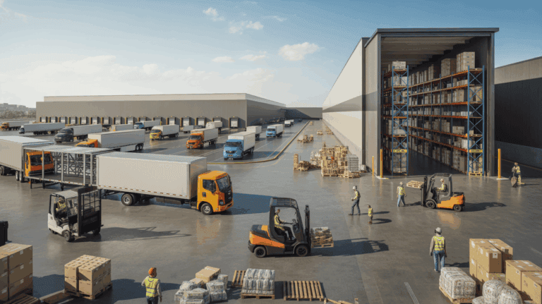 Vue réaliste d’un vaste complexe logistique avec plusieurs types d’entrepôts, des quais de chargement et des travailleurs en action.