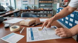 Scène réaliste dans un bureau de poste avec un employé montrant comment remplir un formulaire douanier CN23 posé sur un comptoir.