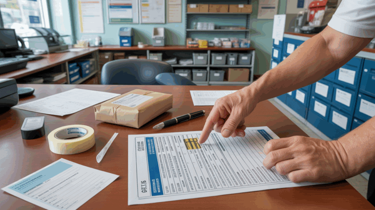 Scène réaliste dans un bureau de poste avec un employé montrant comment remplir un formulaire douanier CN23 posé sur un comptoir.