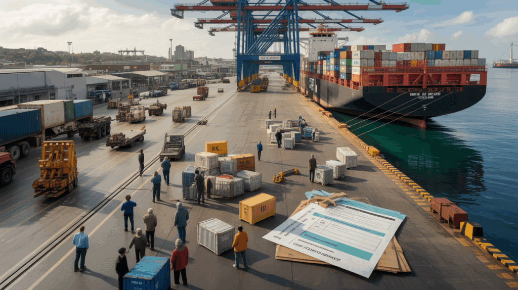 Scène réaliste montrant un entrepôt, un port et un navire en mer pour illustrer les différences entre les incoterms EXW, FOB et CIF.