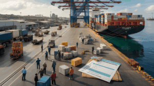 Scène réaliste montrant un entrepôt, un port et un navire en mer pour illustrer les différences entre les incoterms EXW, FOB et CIF.
