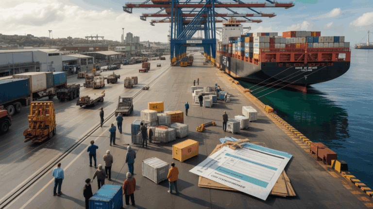 Scène réaliste montrant un entrepôt, un port et un navire en mer pour illustrer les différences entre les incoterms EXW, FOB et CIF.