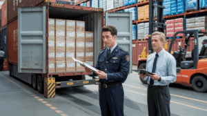 Scène réaliste dans un entrepôt de logistique où un douanier inspecte un conteneur provenant de Chine aux côtés d'un importateur.