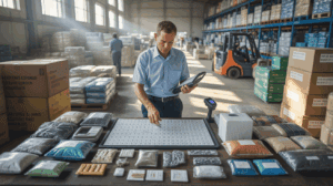 Scène réaliste dans un entrepôt douanier où un agent inspecte divers produits pour déterminer leur code HS.