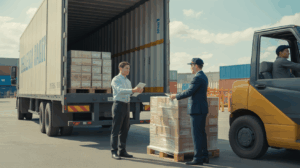 Scène réaliste dans un hub logistique international montrant un camion de livraison déchargé, un agent des douanes vérifiant des documents et une remise finale de marchandises.