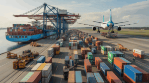 Scène réaliste combinant un port maritime actif et un aéroport de fret, montrant des opérations de chargement authentiques et des travailleurs manipulant des marchandises.