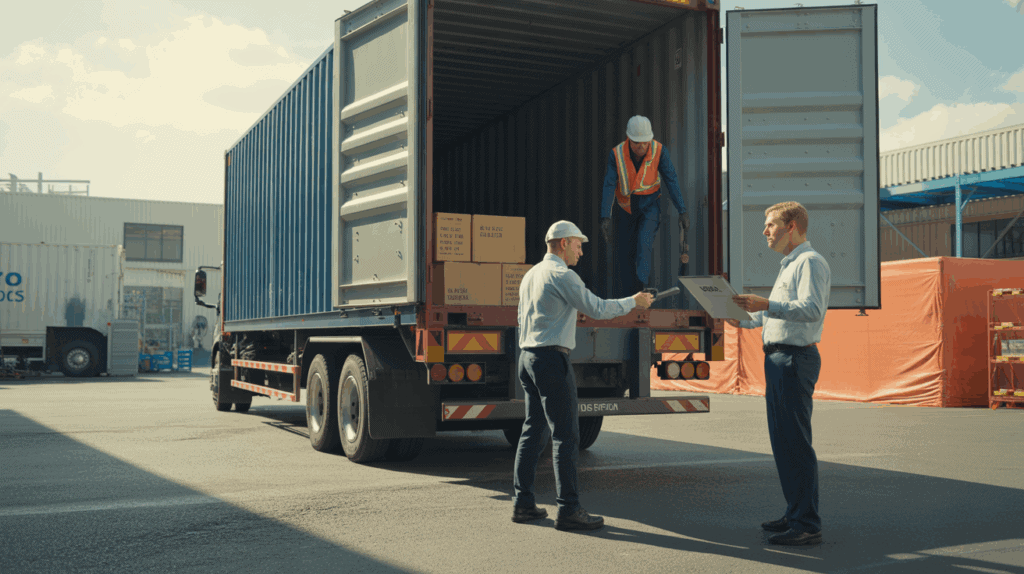 Scène réaliste montrant un camion de marchandises arrivant dans un hub logistique où le vendeur remet la cargaison au client selon l’incoterm DAP.
