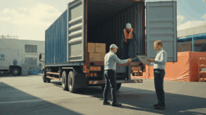 Scène réaliste montrant un camion de marchandises arrivant dans un hub logistique où le vendeur remet la cargaison au client selon l’incoterm DAP.