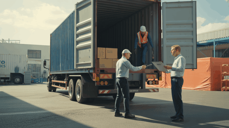 Scène réaliste montrant un camion de marchandises arrivant dans un hub logistique où le vendeur remet la cargaison au client selon l’incoterm DAP.