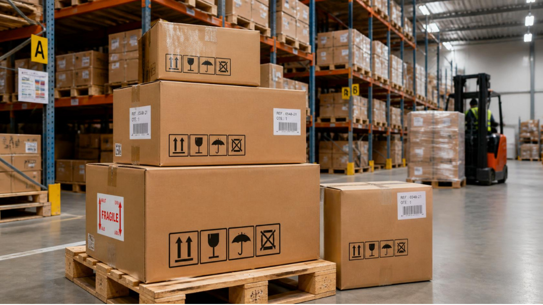 Colis étiquetés avec des pictogrammes de manutention dans un entrepôt logistique