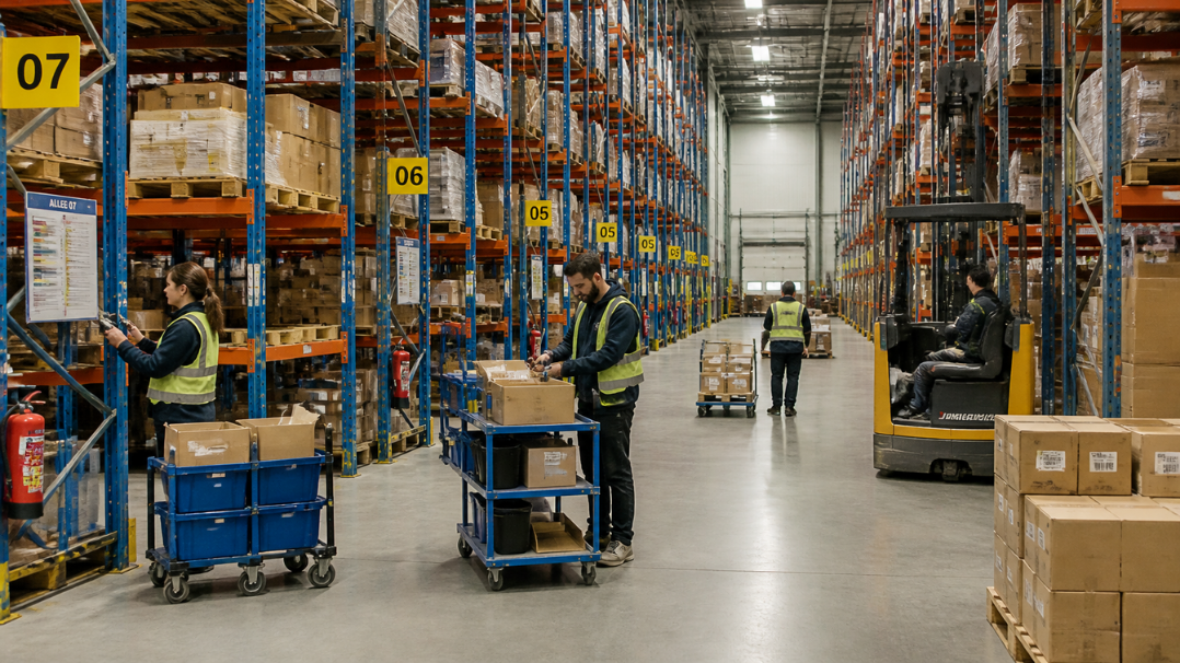 Entrepôt logistique avec rayonnages et préparateurs de commandes